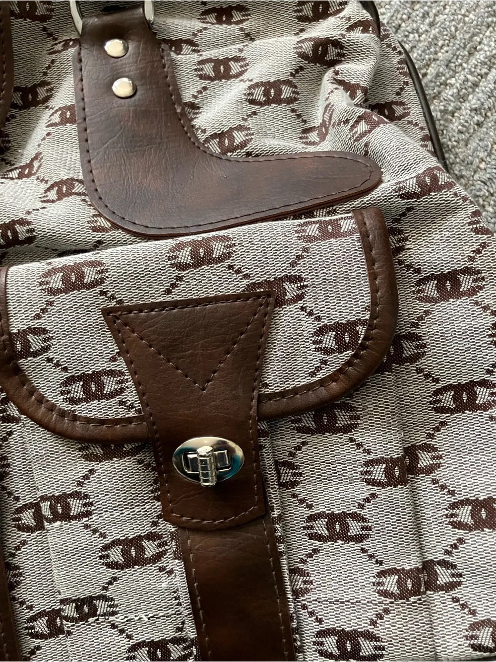Brown Patterned Canvas Travel Tote Bag with Leather Trim